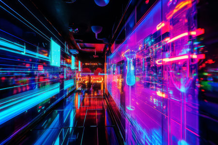 A high-tech neon-lit underground nightclub 3D background room with glowing dance floors, holographic bartenders serving futuristic cocktails, and bass-driven music waves pulsing through the air. The cyberpunk aesthetic creates an electrifying, vibrant atmosphere.の素材