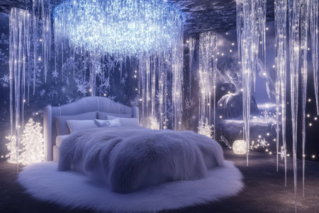 A magical winter wonderland bedroom 3D background room with icicle chandeliers, a bed covered in fluffy white fur blankets, and glowing snowflakes falling gently from an enchanted ceiling. The frozen walls shimmer like diamond dust.の素材