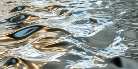 A liquid metal 3D background featuring slow-moving, reflective silver and gold waves. The rippling surface interacts with light in a way that creates hypnotic, ever-changing reflections, perfect for modern luxury-themed visuals.の素材