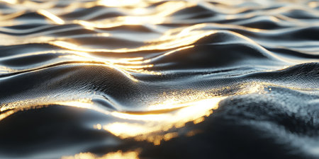 A liquid metal 3D background featuring slow-moving, reflective silver and gold waves. The rippling surface interacts with light in a way that creates hypnotic, ever-changing reflections, perfect for modern luxury-themed visuals.の素材
