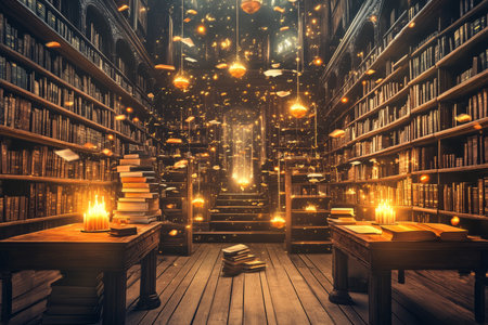 A mystical library of ancient knowledge 3D background room filled with towering bookshelves, enchanted floating candles, and hidden passageways. Dusty old tomes and magical artifacts rest upon polished oak desks.の素材