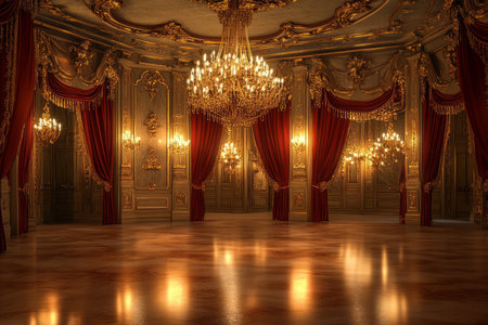 A grand Victorian ballroom 3D background room with sparkling chandeliers, ornate gold-trimmed walls, and a polished marble dance floor. The elegant red velvet drapes and gilded mirrors reflect a night of high society and romance.の素材