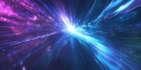 A dynamic 3D background with pulsating waveforms made of light particles. The scene resembles a futuristic sound visualization, with bright blue and purple streaks of light forming an abstract audio-inspired landscape.の素材