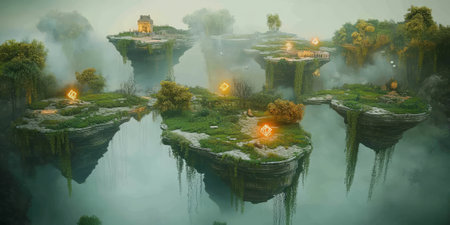 A fantasy-inspired 3D background of floating islands with lush greenery, waterfalls, and ancient ruins. The misty atmosphere and glowing mystical symbols add a magical touch, transporting viewers to an ethereal world.の素材