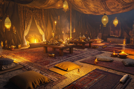 A mystical desert nomadÃ¢â¬â¢s tent 3D background room with vibrant Persian rugs covering the sand, golden oil lamps casting flickering light, and low wooden tables with exotic spices and ancient scrolls scattered across them.の素材