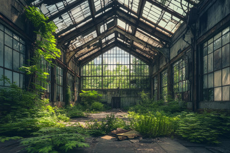 A post-industrial abandoned factory 3D background room with broken glass windows, rust-covered metal beams, and overgrown vines reclaiming the space. The dim natural light streaming through cracked skylights adds a haunting yet fascinating aesthetic.の素材