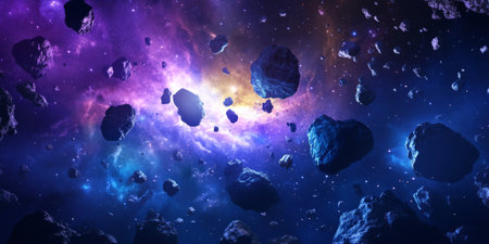 A cosmic 3D background depicting an enormous asteroid belt illuminated by the soft glow of distant stars. The floating rocks and dust particles create an immersive space scene, with deep blue and purple hues adding mystery.の素材