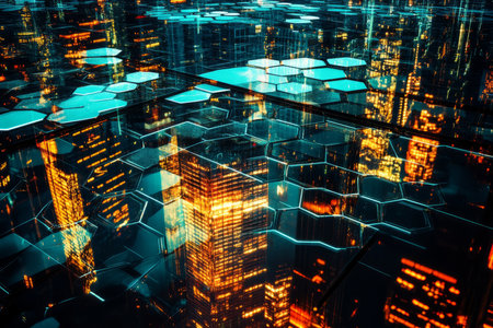 A mesmerizing 3D background with hexagonal glass panels reflecting neon city lights. The transparent and glossy hexagons create an urban cyberpunk aesthetic with rich reflections and futuristic ambiance.の素材