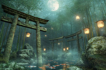 A mystical Japanese shrine 3D background room hidden deep within a bamboo forest, featuring ancient torii gates covered in moss, glowing paper lanterns floating in the air, and a tranquil koi pond reflecting the full moon.の素材