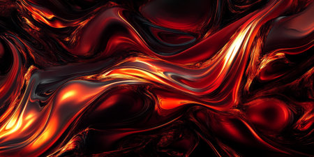 A surreal 3D background depicting an abstract lava flow made of glowing red and gold liquid metal, moving slowly across a dark, rocky terrain. The contrast between warmth and darkness creates an intense visual impact.の素材