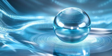 A high-tech 3D background depicting a levitating, spinning metallic sphere surrounded by swirling holographic data streams. The sleek sci-fi elements enhance the advanced digital aesthetic.の素材