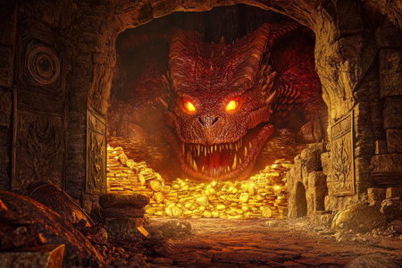 A majestic dragonÃ¢â¬â¢s lair 3D background room with towering golden treasure piles, ancient stone carvings, and an enormous set of glowing reptilian eyes emerging from the shadows. The deep red and amber lighting gives the space a fiery, mythical presence.の素材