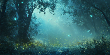 A fantasy-themed 3D background depicting an enchanted glowing forest with bioluminescent plants and misty, ethereal lighting. The soft blue and green hues enhance the magical and mysterious setting.の素材