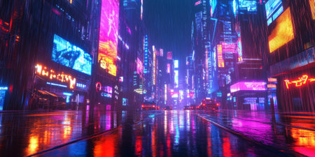 A cyberpunk-themed 3D background showcasing a neon-lit cityscape with towering digital billboards and rain-soaked streets reflecting vibrant colors. The moody lighting and futuristic aesthetic create an immersive urban environment.の素材
