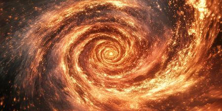 A hypnotic 3D background featuring a swirling vortex of golden particles, spiraling towards an unseen focal point. The dynamic motion and luminous glow create a mesmerizing, elegant effect.の素材
