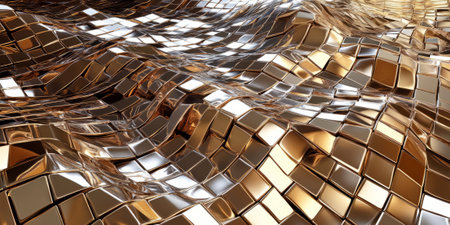 A mesmerizing 3D background showcasing an endless wave of metallic cubes, shifting dynamically as light passes over them. The interplay of reflections and shadows creates a visually rich and modern texture.の素材