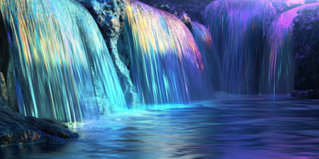 A dynamic 3D background featuring cascading, iridescent waterfalls made of liquid crystal, shimmering in rainbow hues. The translucent textures and flowing motion enhance the surreal and futuristic vibe.の素材