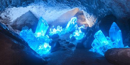 A surreal 3D background featuring a vast, icy cavern with glowing blue crystals embedded in the walls. The soft, ethereal lighting creates an otherworldly, mysterious ambiance.の素材