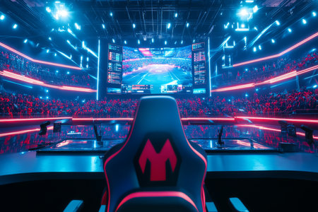 A high-tech esports gaming arena 3D background room with massive curved LED screens displaying competitive matches, futuristic ergonomic gaming chairs, RGB lighting pulsing to the beat of the crowd, and a neon-lit stage for championship battles.の素材