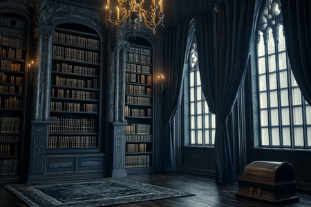 A gothic vampireÃ¢â¬â¢s castle chamber 3D background room with towering bookshelves filled with ancient tomes, black velvet drapes covering massive windows, dimly glowing candelabras casting flickering shadows, a dark wooden coffin resting in the corner, and a chillingly elegant ambiance.の素材