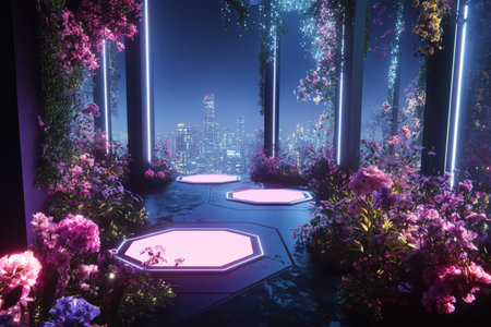 A futuristic wedding venue with floating hexagonal platforms overlooking a glowing cyber city. The digital floral arrangements, holographic guests, and AI-orchestrated ceremonies create a sci-fi romantic atmosphere.の素材