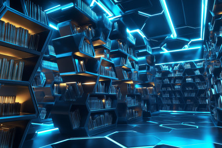 A next-generation AI-assisted library with glowing hexagonal bookshelves containing digital holographic books. The futuristic knowledge hub is managed by intelligent robotic librarians, who assist visitors in exploring vast amounts of information in a cyber-lit environment.の素材
