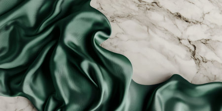 A luxury-inspired 3D background featuring deep emerald green silk fabric with soft folds, elegantly draped across a smooth marble surface. The rich textures and soft lighting enhance the sense of sophistication.の素材