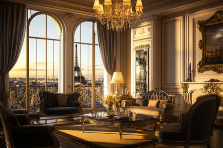 A luxurious Parisian penthouse 3D background room with elegant vintage furniture, floor-to-ceiling windows showcasing the Eiffel Tower, and warm golden lighting. The blend of classic European charm and modern sophistication creates an inviting and romantic atmosphere.の素材