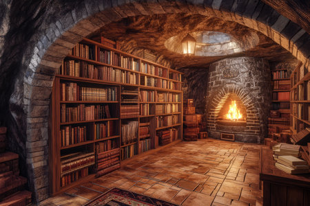 A cozy underground bookshop 3D background room with wooden shelves stacked with ancient tomes, a warm fireplace crackling in the corner, and a secret door hidden behind a rotating bookshelf leading to a forgotten archive.の素材