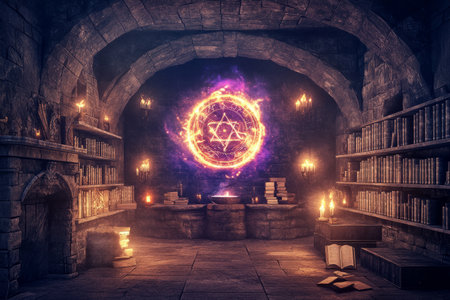 A dark sorcererÃ¢â¬â¢s lair 3D background room filled with floating spellbooks, bubbling cauldrons, and mystical symbols glowing on the stone walls. The flickering candlelight casts eerie shadows, while a massive enchanted portal swirls with arcane energy at the roomÃ¢â¬â¢s center.の素材