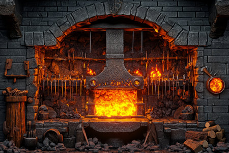 A grand medieval blacksmithÃ¢â¬â¢s forge 3D background room filled with glowing embers, roaring furnaces casting fiery reflections, iron weapons hanging from wooden racks, a massive anvil in the center, and molten metal being shaped by a skilled craftsman.の素材