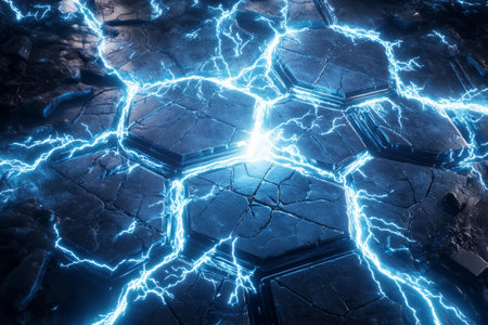 A high-energy plasma field in 3D where hexagonal cells crackle with electrical discharges. The bright neon blue and white arcs of energy travel through the interconnected grid, creating a visually striking futuristic background with intense cyberpunk aesthetics.の素材