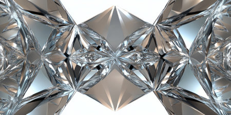 A geometric 3D background with a complex pattern of interlocking, metallic diamonds reflecting ambient light. The precise symmetry and polished surfaces create a sleek and modern visual.の素材