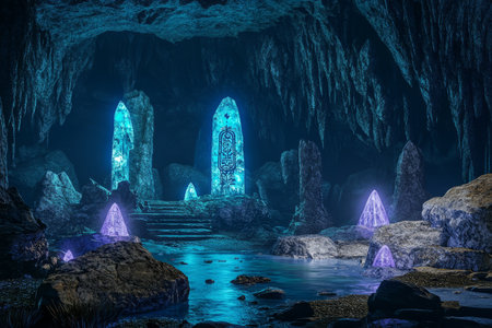 A mystical moonlit cave 3D background room with glowing crystals embedded in the rock walls, an underground river reflecting ethereal blue light, and an ancient stone altar covered in mysterious runes. The surreal beauty of the cave creates an enchanting scene.の素材