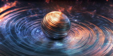 A high-tech 3D background depicting a levitating, spinning metallic sphere surrounded by swirling holographic data streams. The sleek sci-fi elements enhance the advanced digital aesthetic.の素材