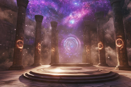 A grand cosmic temple 3D background room with floating stone platforms, swirling galaxies embedded in the floor, glowing celestial runes carved into ancient pillars, and a feeling of divine, otherworldly serenity permeating the air.の素材