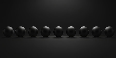 A minimalistic 3D background displaying a row of perfectly aligned floating spheres, casting soft shadows on a matte surface. The monochrome aesthetic enhances the modern, elegant, and sleek design for artistic compositions.の素材