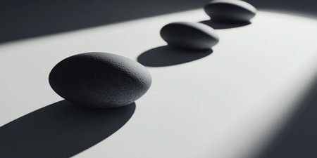 A minimalist 3D background featuring a clean, monochrome environment with simple geometric shapes casting soft shadows. The simplicity emphasizes balance, symmetry, and modern aesthetics.の素材