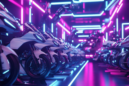 A neon-drenched 3D background of a futuristic motorcycle garage, with high-tech bikes lined up under bright LED strips. Digital monitors display vehicle diagnostics, while robotic arms perform maintenance on sleek, cyber-enhanced rides.の素材
