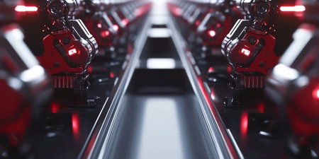 A high-tech 3D background depicting an advanced robotic assembly line with mechanical arms working in perfect synchronization. The metallic environment is illuminated by precision laser lights.の素材