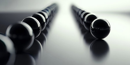 A minimalistic 3D background displaying a row of perfectly aligned floating spheres, casting soft shadows on a matte surface. The monochrome aesthetic enhances the modern, elegant, and sleek design for artistic compositions.の素材