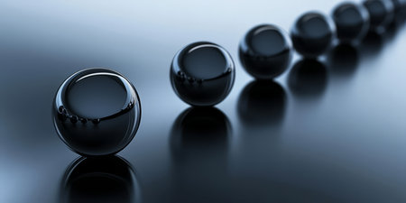 A minimalist 3D background displaying a series of perfectly aligned floating spheres, casting soft reflections on a smooth, polished surface. The monochromatic palette and balanced composition create a timeless, elegant, and modern visual appeal.の素材