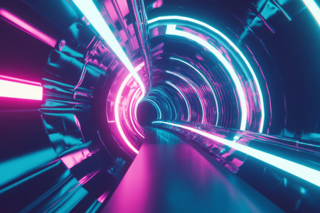 A mesmerizing 3D background of a hyperspace tunnel with swirling neon vortexes. The walls shift in color from electric blue to deep purple, creating a sense of motion and speed as if traveling through an endless dimension of light and energy.の素材