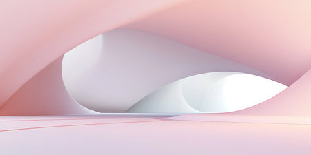 A minimalist 3D background with smooth, curved architecture resembling an abstract futuristic space. The seamless transition between surfaces creates a calming, modern aesthetic, with soft pastel lighting adding depth and tranquility.の素材