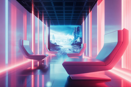 A futuristic 3D background of a sleek, minimalist virtual reality lounge. Floating holograms project serene landscapes, and comfortable levitating chairs allow users to enter immersive experiences. The entire space glows softly with dynamic, shifting ambient light.の素材