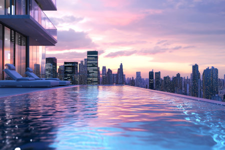 A luxurious 3D background of a rooftop infinity pool overlooking a stunning city skyline at dusk. The water reflects the warm hues of the sunset, while sleek lounge chairs and modern glass railings add a high-end, exclusive feel to the scene.の素材