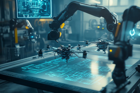 A futuristic 3D background of an autonomous drone repair station, where robotic arms meticulously fix and upgrade damaged drones. The air hums with the sound of advanced machinery as holographic blueprints float above each workstation.の素材