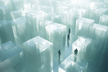 A surreal 3D background of a vast, floating labyrinth made of translucent glass walls that refract and distort the light. Mysterious figures wander through endless corridors, their reflections blending with the shifting illusions of the infinite maze.の素材