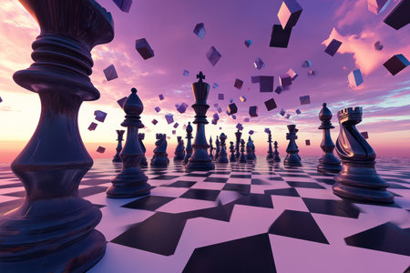 A surreal 3D background of a vast checkerboard desert, where massive chess pieces stand as towering monuments. The black and white tiles stretch infinitely, meeting a purple-hued sky filled with floating geometric structures.の素材