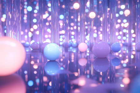 A surreal 3D background of an infinite mirror room filled with floating, glowing orbs. The reflective surfaces create an illusion of endless depth, while soft ambient lighting shifts between shades of blue, purple, and pink, evoking a hypnotic atmosphere.の素材